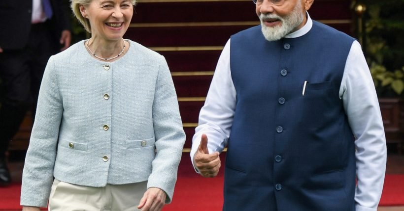 New Delhi, Feb 28 (ANI): Prime Minister Narendra Modi in a conversation with European Commission President Ursula von der Leyen, at Hyderabad House in New Delhi on Friday. (ANI Photo/Rahul Singh)